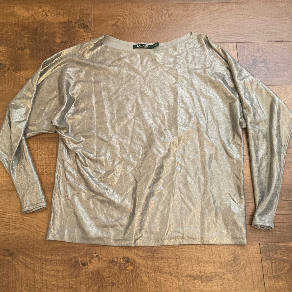 Lauren Ralph Lauren Cotton Modal Sweater in Silver Metallic Boat Neck Women’s L